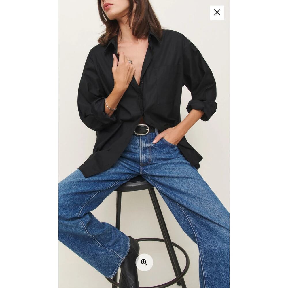 Reformation Eli Oversized Shirt Womens Small Button Up Minimalist Black Stretch